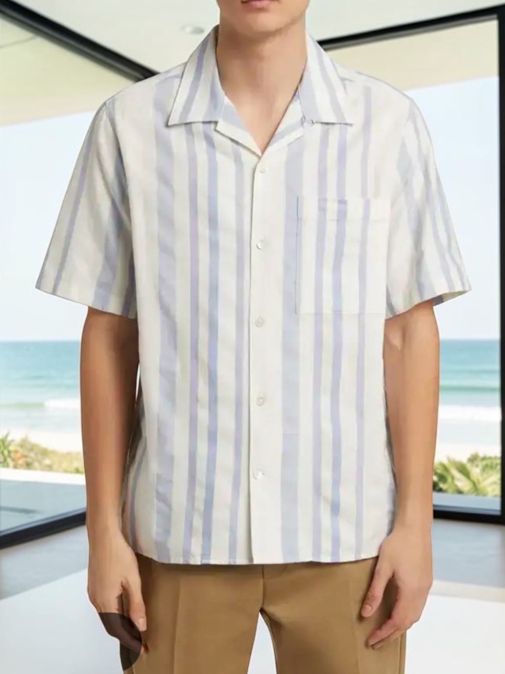 NN07 Julio 5412 Blue Stripe Short Sleeve Button-Up Camp Shirt Size Large